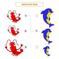 Match by size for cartoon dolphin and shrimp. vector