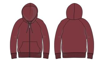 Long Sleeve Hoodie Vector illustration Red Color  template Front and Back views Isolated on white Background.