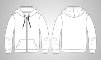 Long sleeve hoodie with Zipper technical fashion Drawing sketch template front and back view. apparel dress design vector illustration mock up jacket CAD. Easy edit and customizable.