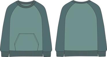 Two color cotton jersey, long sleeve, round neckline with pocket technical fashion flat sketch vector mock up template front and back views isolated on white background.