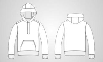 Long sleeve Hoodie technical fashion Flat sketch Vector template front and back view. Apparel dress design vector illustration Drawing mock up jacket CAD. Cotton fleece jersey Hoodie Clothing Design.