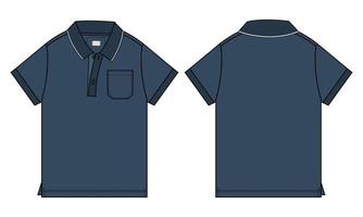 Short Sleeve polo shirt Technical fashion flat sketch vector illustration Navy blue color template front and back views isolated on white background.