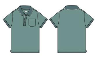 Short Sleeve polo shirt Technical fashion flat sketch vector illustration Green color template front and back views isolated on white background.