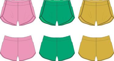 conjunto de colección de pantalones cortos de varios colores plantilla de ilustración de vector de boceto plano de moda técnica general de hombres y mujeres. Prendas de vestir de tela de algodón pantalones cortos deportivos de color rosa, verde y amarillo.