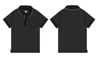 Short Sleeve polo shirt Technical fashion flat sketch vector illustration Black color template front and back views isolated on white background.