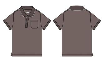 Short Sleeve polo shirt Technical fashion flat sketch vector illustration Khaki color template front and back views isolated on white background.