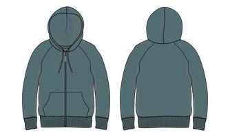 Long Sleeve Hoodie Vector illustration Green Color  template Front and Back views Isolated on white Background.