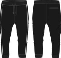 Black  color Basic Sweat pant technical fashion flat sketch template front, back views. Apparel Fleece Cotton jogger pants vector illustration drawing mock up for kids and boys.