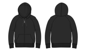 Long Sleeve Hoodie Vector illustration Black Color  template Front and Back views Isolated on white Background.