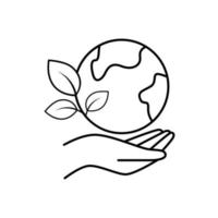 Planet earth and leaves in hand. Let's save a green planet and peaceful life on Earth. Symbol of ecology, nature, healthy future of the planet. Black vector outline icon.