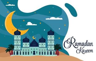 saludo de ramadan kareem con mezquita en el desierto vector