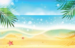 paisaje de verano en la playa con estrellas de mar y hojas de coco vector
