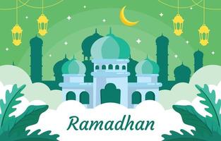 Ramadhan Kareem with Flat Cute Big Mosque and Arabic Lantern vector