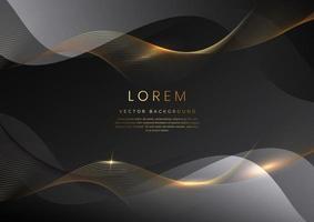 Luxury concept template 3d grey curve shape on black elegangt background and golden ribbon line with copy space for text. vector