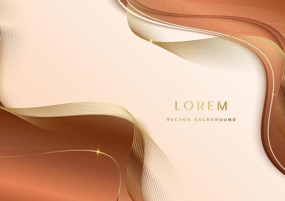 Abstract 3d template soft brown background with gold lines curved wavy sparking with copy space for text. Luxury style.