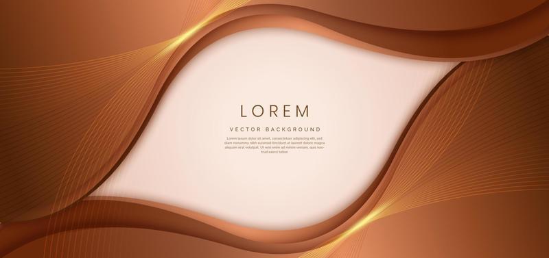 Abstract 3d light brown background with gold lines curved wavy sparkle with copy space for text. Luxury style template design. Vector illustration