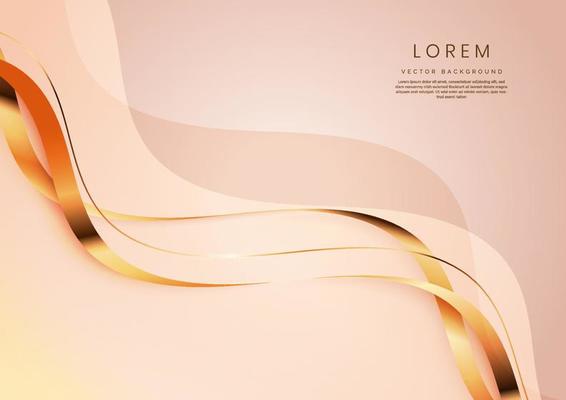 Abstract 3d gold curved ribbon on light cream background with lighting effect and sparkle with copy space for text. Luxury design style.