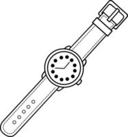 Black and white vector illustration of a wristwatch. Contour image of the clock. Hand-drawn illustration with doodles, black image on a white background. Linear art. Vector illustration.