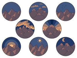 Vector illustration of mountain. Colorful hand drawn outline icon in circle frame. For print, web, design, decor, logo.