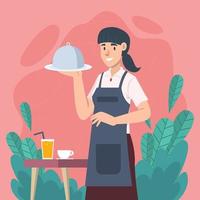 A Waitress Holding A Course For Guest vector