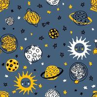 Doodle cosmos seamless pattern with sun and planets in space. Perfect for T-shirt, textile and print. Hand drawn vector illustration for decor and design.