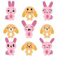 Hand drawn bunnies collection. Set of nine cute rabbits baby. vector