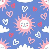 Hand drawn summer seamless pattern with sun, clouds and hearts. vector