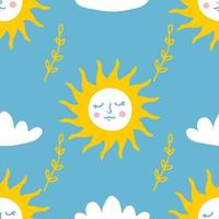 Hand drawn summer seamless pattern with sun, clouds and wheat. vector