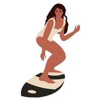 mujer de piel oscura se para en una tabla de surf, cabalgando, aislada en un fondo blanco, ilustración vectorial vector