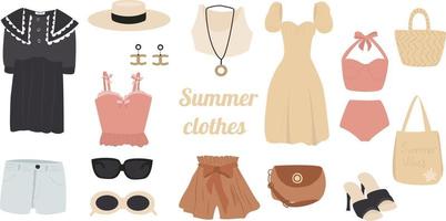 A set of vector illustrations of summer women is fashion clothing. A collection of fashionable clothes for leisure or the beach. Color stylish shoes, dress, hat, sunglasses, swimsuit.