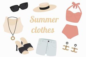 A set of vector illustrations of summer women's fashion clothing. A collection of fashionable clothes for leisure or the beach. Color stylish shoes, dress, hat, sunglasses, swimsuit.