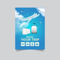 Modern World tourism business flyer design template. Book your trip business flyer design background. Blue sky Business flyer design background with plane and suitcase.