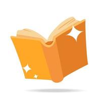 Magic flying book concept. Open book in volume with sparks. Flat vector cartoon illustration.