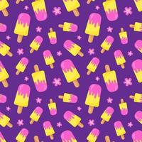 divertido patrón sin costuras con coloridos helados en palo. colores amarillo, rosa y violeta. estado de ánimo positivo de verano. diseño sin fin. impresión para textiles, ropa, papel de regalo, tarjetas, diseño y decoración vector