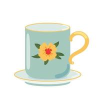 Tea cup side view decorated with design elements flat cartoon illustration. Colored mug hand drawn trendy vector design. Cute trendy crockery with handle for drink isolated on a white background