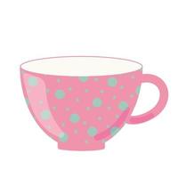 Tea cup side view decorated with design elements flat cartoon illustration. Colored mug hand drawn trendy vector design. Cute trendy crockery with handle for drink isolated on a white background