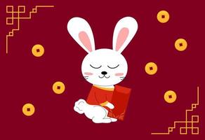 Chinese rabbit 2023 symbol. Cute cartoon white rabbit in chinese clothes with red envelope gift. Funny happy bunny character sits and smiles on red background. Vector flat illustration