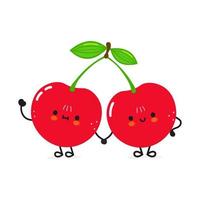 Cute funny cherry waving hand character. Vector hand drawn cartoon kawaii character illustration icon. Isolated on white background. Cherry character concept