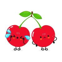 Cute sad cherry character. Vector hand drawn cartoon kawaii character illustration icon. Isolated on white background. Sad cherry character concept