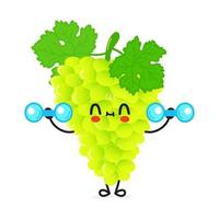 Cute funny grape character with dumbbells. Vector hand drawn cartoon kawaii character illustration icon. Isolated on white background. Grape character gym concept