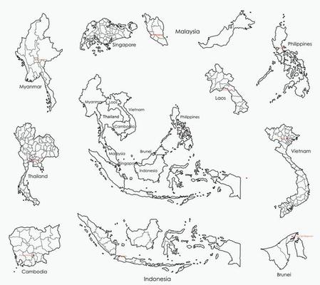 Doodle freehand drawing map of countries of South east Asia.