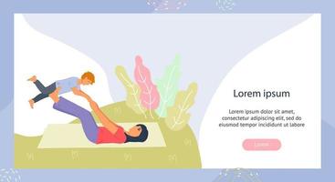 Banner template for postpartum and postnatal women yoga with baby classes or course. Recovery after childbirth and healthy joint sport activity for mother and child. Flat vector illustration.