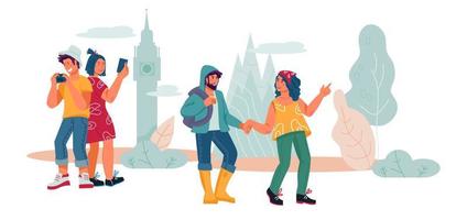 Tourists and hikers men and women cartoon characters traveling and sightseeing, flat vector illustration isolated. Banner for tourism and vacation topics, leisure and recreation on nature.