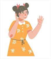 Cheerful little girl raises her hands as a sign of surprise and joy, flat vector illustration isolated on white. Cheerful surprised child gesture.