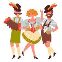 People in German costume with Oktoberfest beer mugs flat vector illustration isolated.