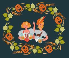 Couple of man and woman in German traditional costume with Oktoberfest beer mugs and frame with pretzels and hop leaves flat vector illustration.