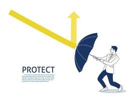 el hombre de negocios usa paraguas para proteger la flecha hacia abajo. vector