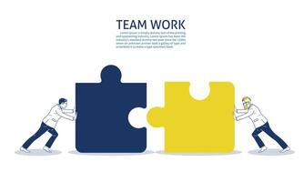 Two businessmen connect two puzzle pieces. vector