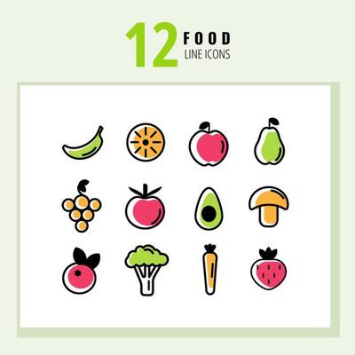 12 trendy color healthy food icons. Outline, line and stroke style can be used for web, mobile, app, and the most modern projects