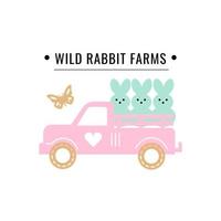 Wild rabbit farms. Bunnies on a holiday truck in pastel colors. Easter celebration vector illustration. Perfect for magazine, book, poster, card, web pages.